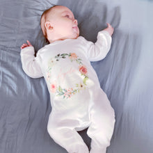 Load image into Gallery viewer, Personalised Summer Rose Wreath babygrow / Sleepsuit
