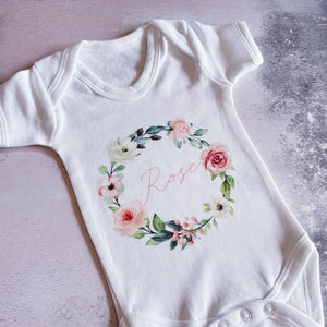Personalised Summer Rose Wreath babygrow / Sleepsuit