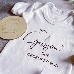 Personalised Baby Grow, Baby Vest Surname, New Baby Reveal, Pregnancy Announcement Outfit, Baby Coming Soon, Personalised Baby Gift, Newborn
