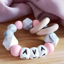 Load image into Gallery viewer, Personalised Pink Marble Grey Silicone Teething Ring
