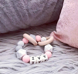 Personalised Pink Marble Grey Silicone Teething Ring