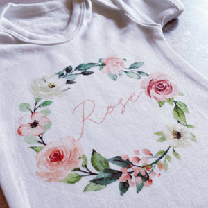 Personalised Summer Rose Wreath babygrow / Sleepsuit