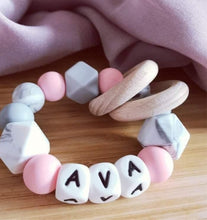 Load image into Gallery viewer, Personalised Pink Marble Grey Silicone Teething Ring
