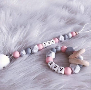 Personalised Pink Marble Grey Silicone Teething Ring