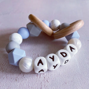 Personalised Silicone Teething Ring - Baby Blue/Pearl