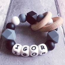 Load image into Gallery viewer, Personalised Silicone Teething Ring - Black/Grey - Hopes, Dreams &amp; Jellybeans 
