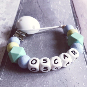 Personalised Silicone Dummy Clip - Blue/Green Speckled - Hopes, Dreams & Jellybeans 